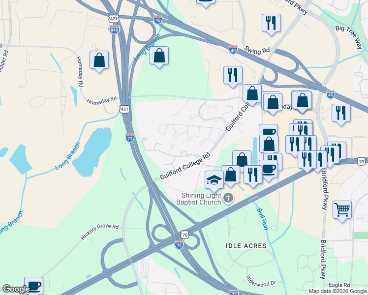 map of restaurants, bars, coffee shops, grocery stores, and more near 5729 Bramblegate Road in Greensboro