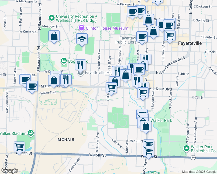 map of restaurants, bars, coffee shops, grocery stores, and more near 750 South Hill Avenue in Fayetteville
