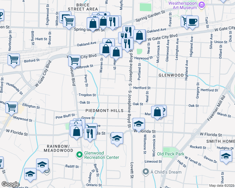 map of restaurants, bars, coffee shops, grocery stores, and more near 1600 Trogdon Street in Greensboro