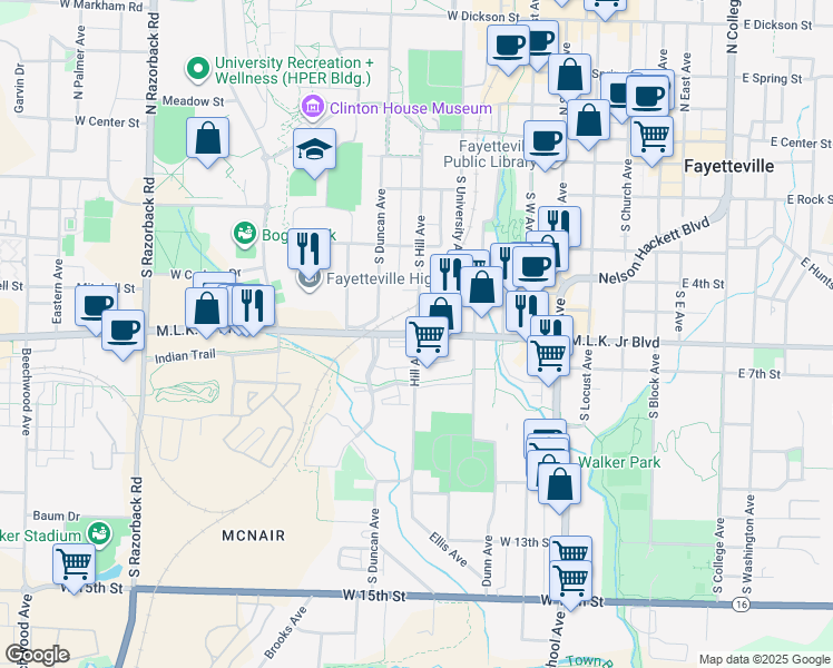 map of restaurants, bars, coffee shops, grocery stores, and more near 750 South Hill Avenue in Fayetteville