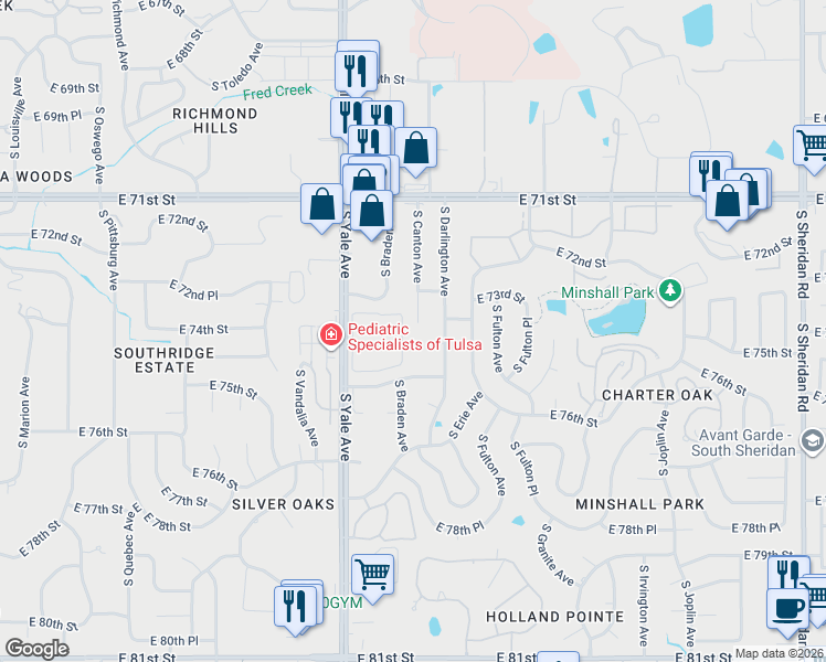 map of restaurants, bars, coffee shops, grocery stores, and more near 7325 South Canton Avenue in Tulsa