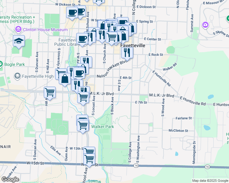 map of restaurants, bars, coffee shops, grocery stores, and more near 574 South Block Avenue in Fayetteville