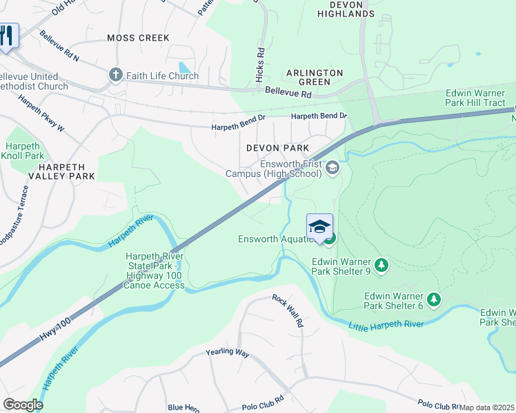 map of restaurants, bars, coffee shops, grocery stores, and more near 7405 Tennessee 100 in Nashville