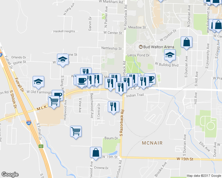 map of restaurants, bars, coffee shops, grocery stores, and more near 1509 W 6th St in Fayetteville