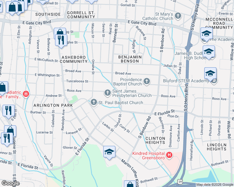 map of restaurants, bars, coffee shops, grocery stores, and more near 833 Ross Avenue in Greensboro