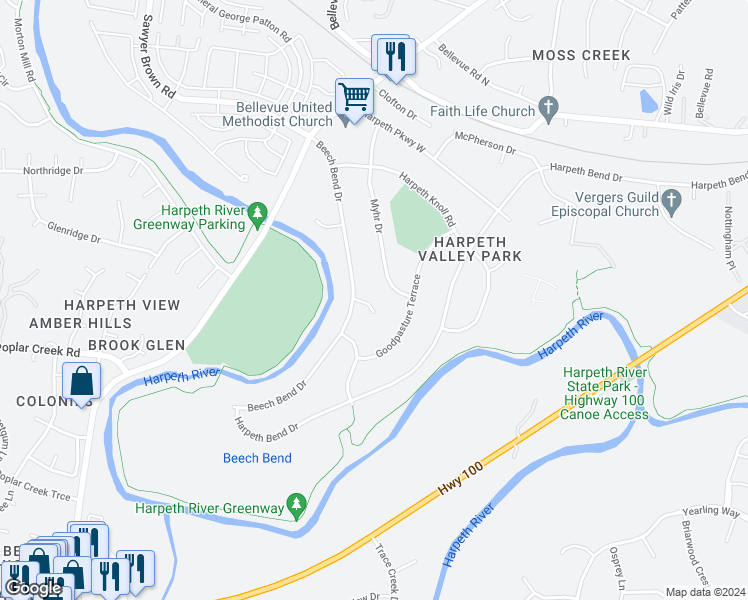 map of restaurants, bars, coffee shops, grocery stores, and more near 208 Silo Court in Nashville