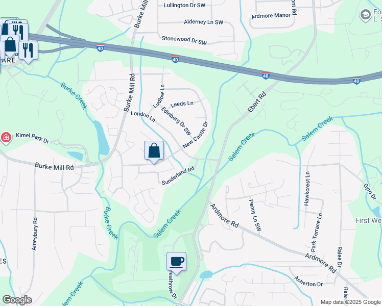 map of restaurants, bars, coffee shops, grocery stores, and more near 2179 New Castle Drive in Winston-Salem