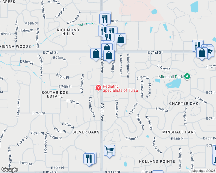 map of restaurants, bars, coffee shops, grocery stores, and more near 4936 East 73rd Street in Tulsa