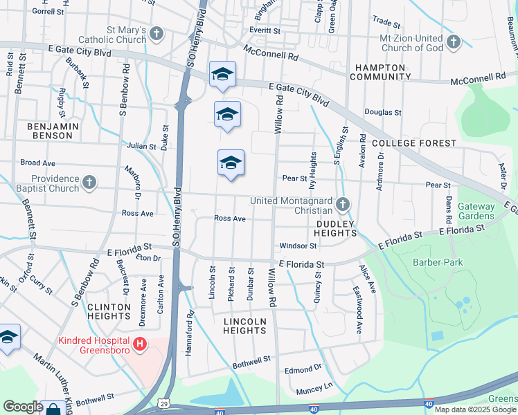 map of restaurants, bars, coffee shops, grocery stores, and more near 1405 Dunbar Street in Greensboro