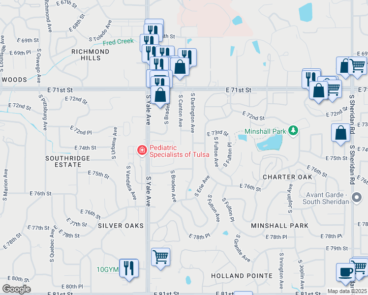 map of restaurants, bars, coffee shops, grocery stores, and more near 7329 South Canton Avenue in Tulsa