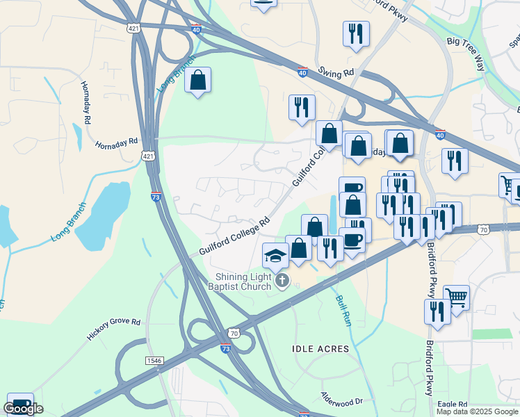 map of restaurants, bars, coffee shops, grocery stores, and more near 5711 Bramblegate Road in Greensboro