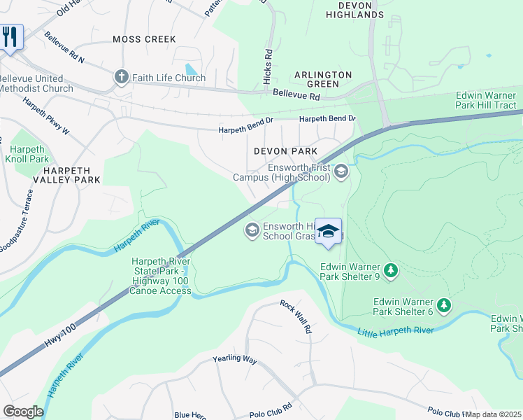 map of restaurants, bars, coffee shops, grocery stores, and more near 7405 Tennessee 100 in Nashville