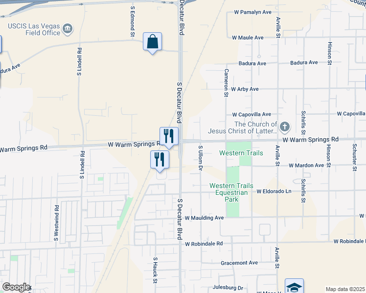 map of restaurants, bars, coffee shops, grocery stores, and more near 4855 West Warm Springs Road in Las Vegas