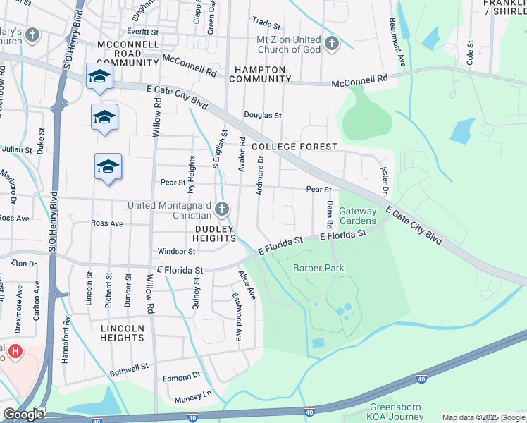 map of restaurants, bars, coffee shops, grocery stores, and more near 2420 Pear Street in Greensboro
