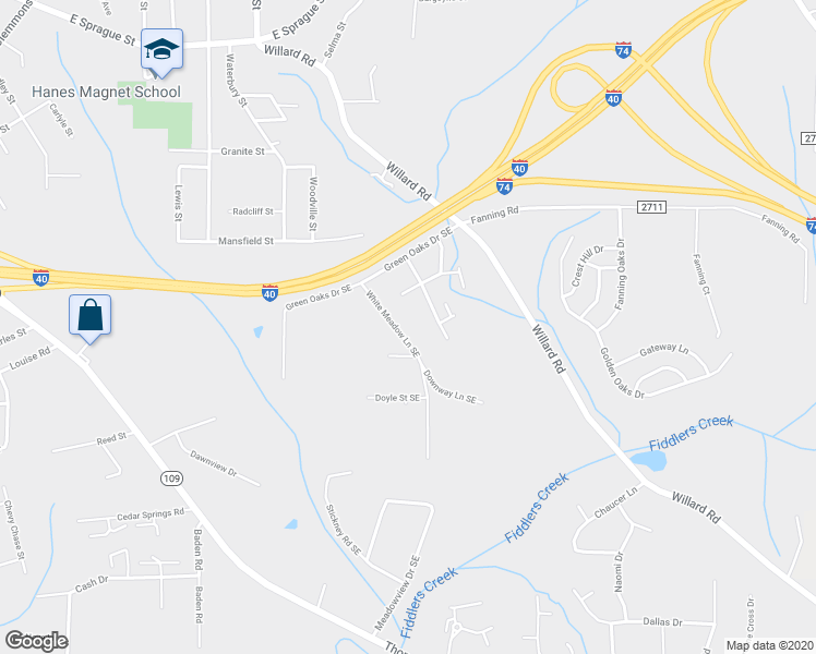 map of restaurants, bars, coffee shops, grocery stores, and more near 2554 Green Oaks Court Southeast in Winston-Salem