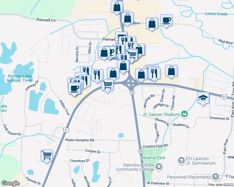 map of restaurants, bars, coffee shops, grocery stores, and more near 857 Tennessee 3 in Dyersburg