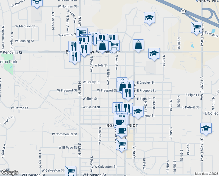 map of restaurants, bars, coffee shops, grocery stores, and more near 515 North Birch Avenue in Broken Arrow