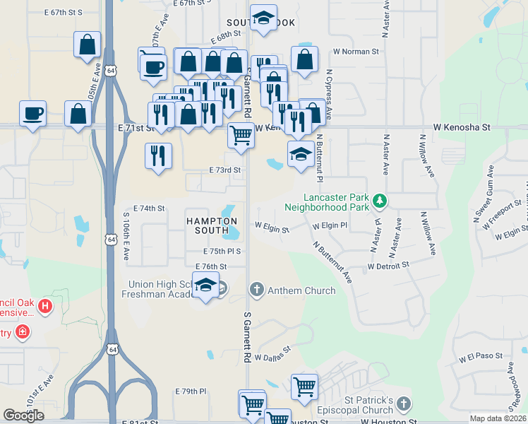 map of restaurants, bars, coffee shops, grocery stores, and more near 413 North Firewood Avenue in Broken Arrow