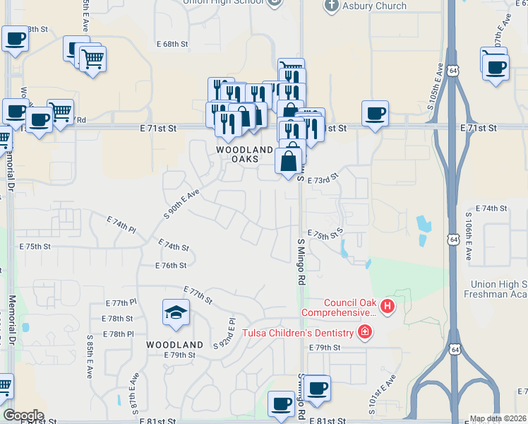 map of restaurants, bars, coffee shops, grocery stores, and more near 7425 South 94th East Avenue in Tulsa