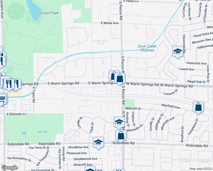 map of restaurants, bars, coffee shops, grocery stores, and more near 3235 East Warm Springs Road in Las Vegas