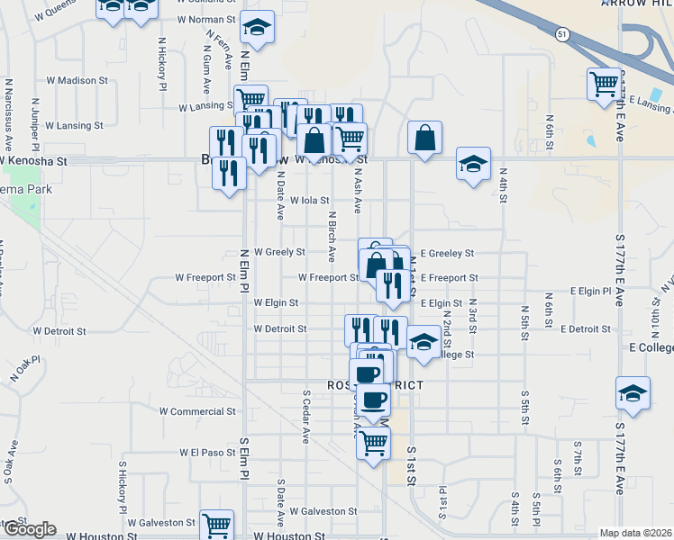 map of restaurants, bars, coffee shops, grocery stores, and more near 515 North Birch Avenue in Broken Arrow