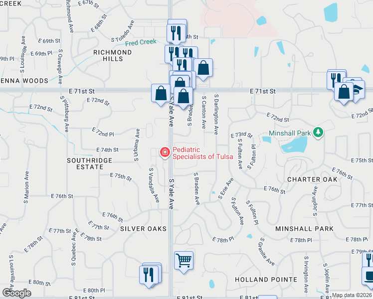 map of restaurants, bars, coffee shops, grocery stores, and more near 7339 South Yale Avenue in Tulsa
