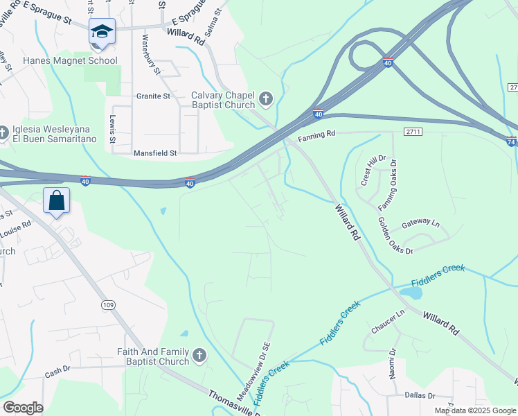 map of restaurants, bars, coffee shops, grocery stores, and more near 2855 White Meadow Lane Southeast in Winston-Salem