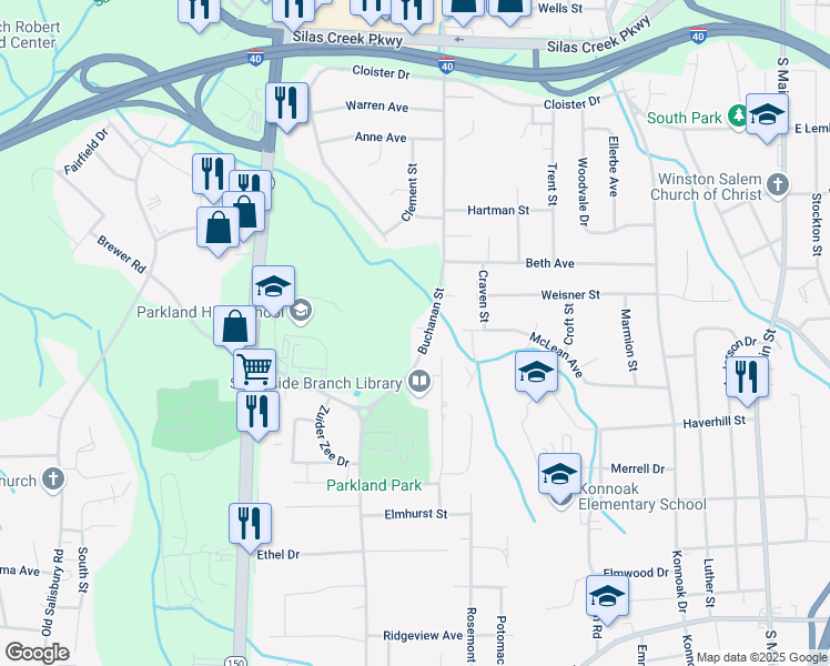 map of restaurants, bars, coffee shops, grocery stores, and more near 3050 Buchanan Street in Winston-Salem