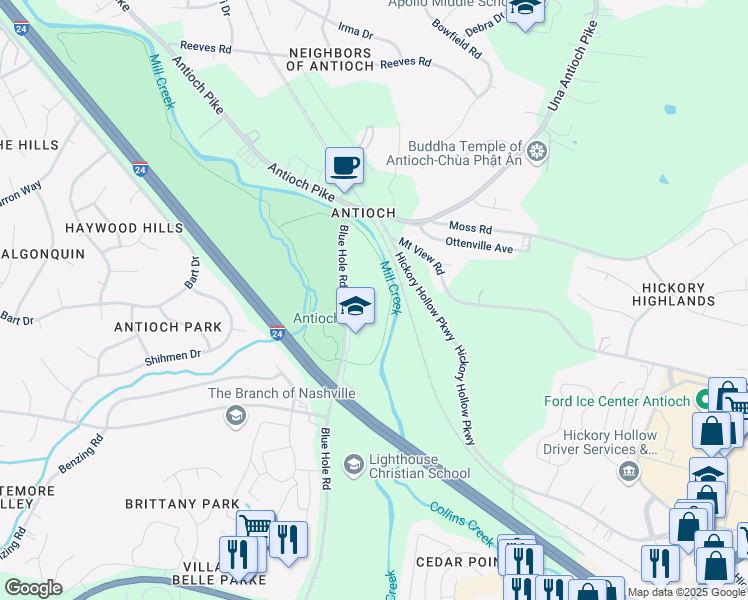 map of restaurants, bars, coffee shops, grocery stores, and more near 5050 Blue Hole Road in Nashville