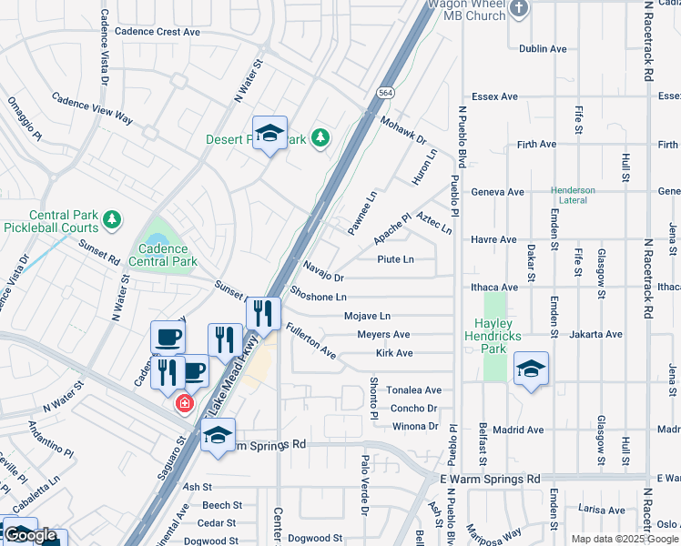map of restaurants, bars, coffee shops, grocery stores, and more near 201 Navajo Drive in Henderson