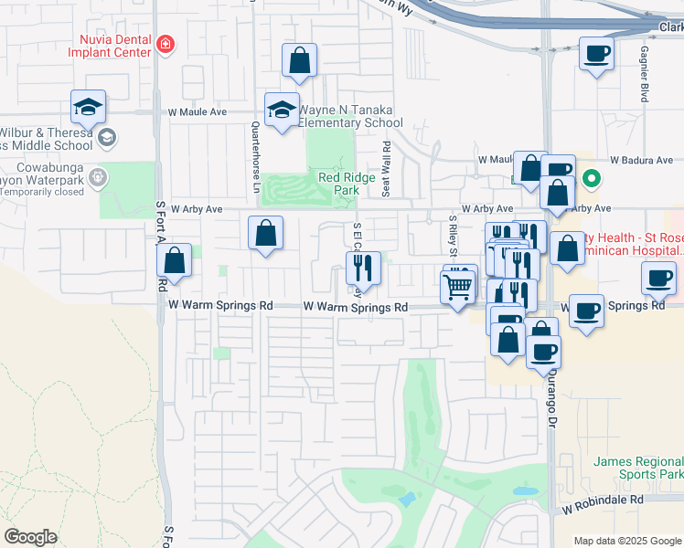 map of restaurants, bars, coffee shops, grocery stores, and more near 9050 West Warm Springs Road in Las Vegas