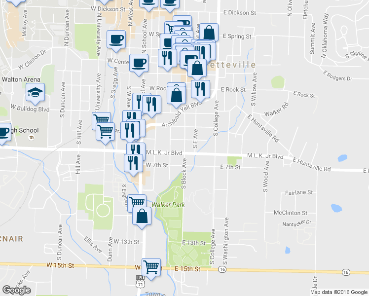 map of restaurants, bars, coffee shops, grocery stores, and more near 574 South Block Avenue in Fayetteville
