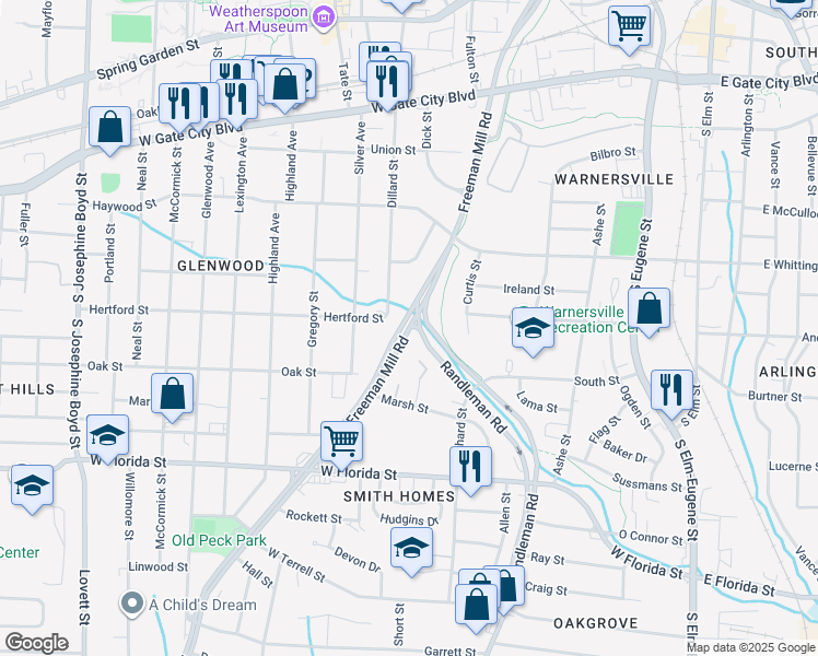 map of restaurants, bars, coffee shops, grocery stores, and more near 1101 Freeman Mill Road in Greensboro