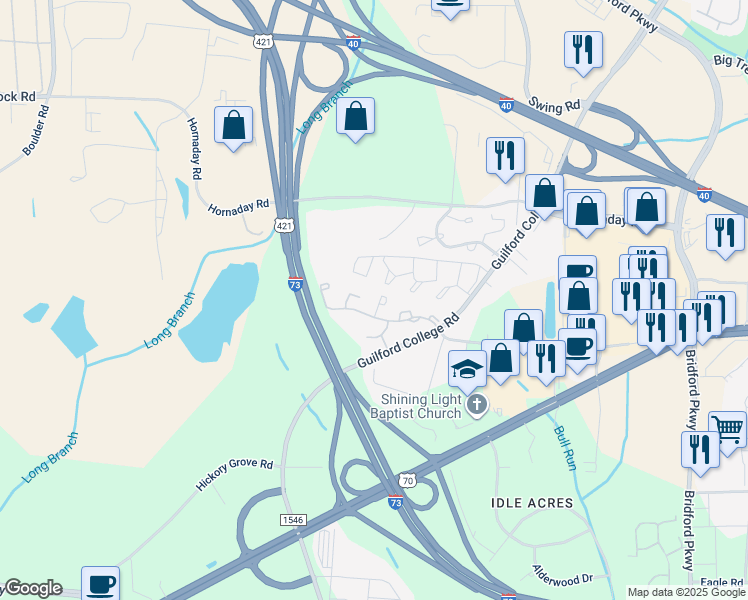 map of restaurants, bars, coffee shops, grocery stores, and more near 803 Moultrie Court in Greensboro