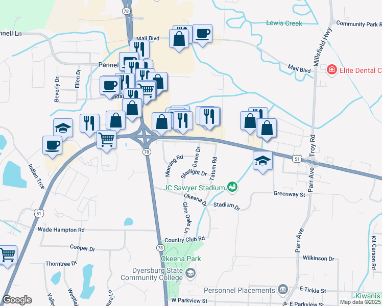 map of restaurants, bars, coffee shops, grocery stores, and more near 510 Morning Road in Dyersburg