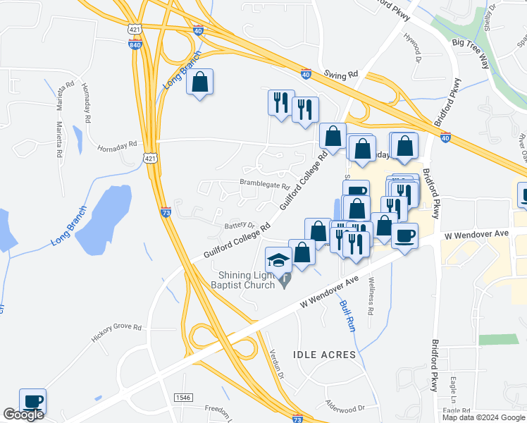 map of restaurants, bars, coffee shops, grocery stores, and more near 5711 Bramblegate Road in Greensboro