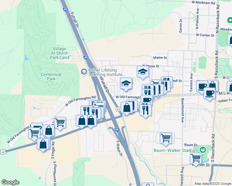 map of restaurants, bars, coffee shops, grocery stores, and more near 658 South Melbourne Drive in Fayetteville
