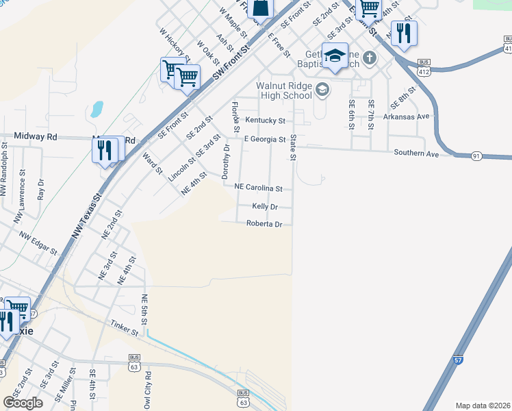 map of restaurants, bars, coffee shops, grocery stores, and more near 609 Kelly Drive in Walnut Ridge