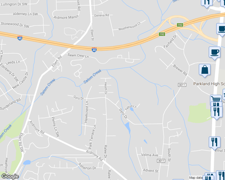 map of restaurants, bars, coffee shops, grocery stores, and more near 1807 Saffron Place in Winston-Salem