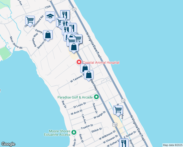 map of restaurants, bars, coffee shops, grocery stores, and more near 103 Tateway Rd in Kitty Hawk