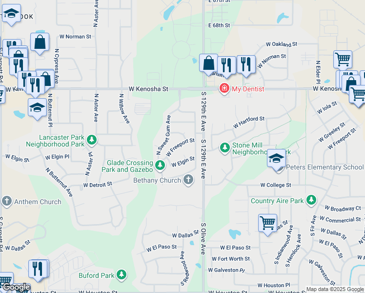 map of restaurants, bars, coffee shops, grocery stores, and more near 3717 West Freeport Street in Broken Arrow