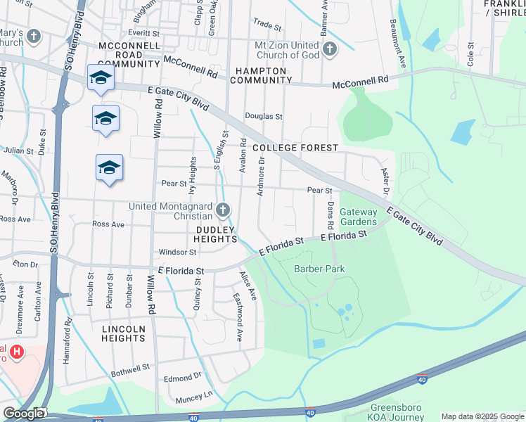 map of restaurants, bars, coffee shops, grocery stores, and more near 2420 Pear Street in Greensboro