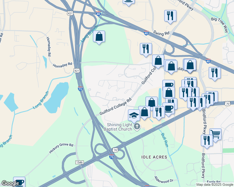 map of restaurants, bars, coffee shops, grocery stores, and more near 5727 Bramblegate Road in Greensboro