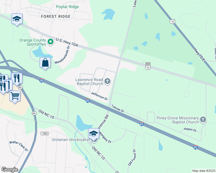 map of restaurants, bars, coffee shops, grocery stores, and more near 1901 Lawrence Road in Hillsborough