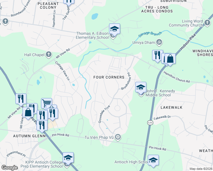 map of restaurants, bars, coffee shops, grocery stores, and more near 1548 Rockglade Run in Nashville