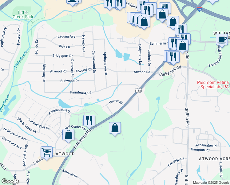 map of restaurants, bars, coffee shops, grocery stores, and more near 3110 Wonderwood Drive in Winston-Salem