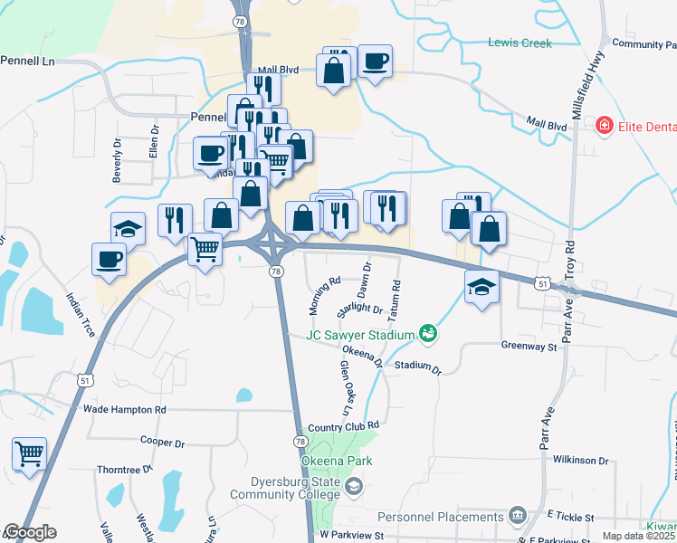 map of restaurants, bars, coffee shops, grocery stores, and more near 510 Morning Road in Dyersburg