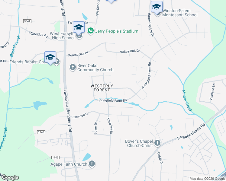 map of restaurants, bars, coffee shops, grocery stores, and more near 6650 Springfield Village Lane in Clemmons