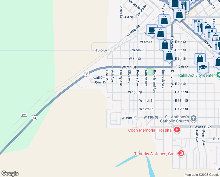 map of restaurants, bars, coffee shops, grocery stores, and more near 904 Ash Avenue in Dalhart