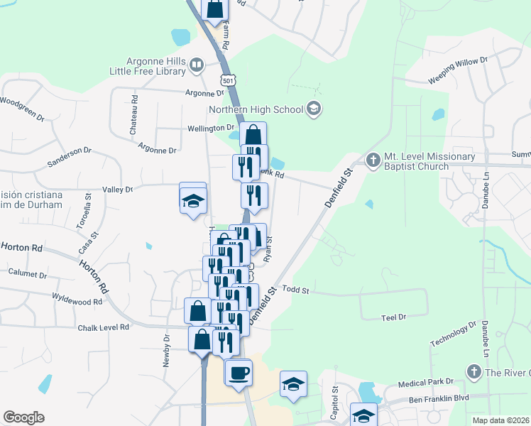 map of restaurants, bars, coffee shops, grocery stores, and more near 4506 Ryan Street in Durham